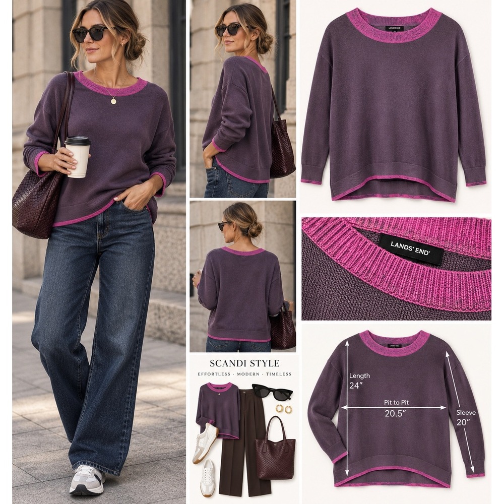 Lands' End M Purple Pink Contrast Sweater 100% Cotton Scandi Copenhagen Preppy
